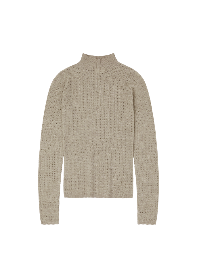 Fub - High Neck Pointelle Blouse Oat Melange