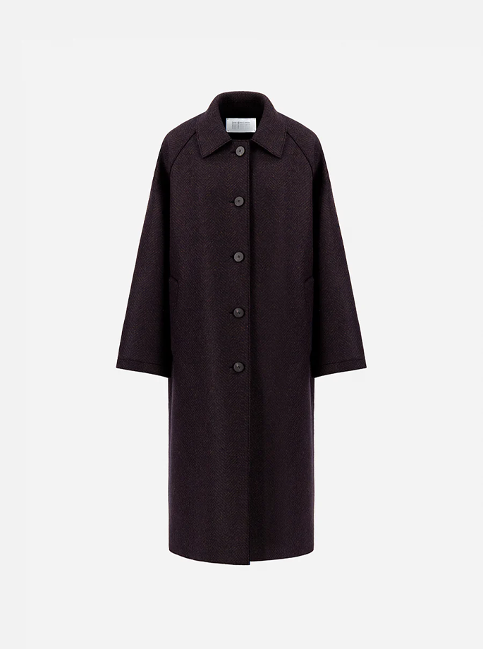 Harris Wharf - Balmacaan Patterned Cashmere Coat Brown Blue Herringbone
