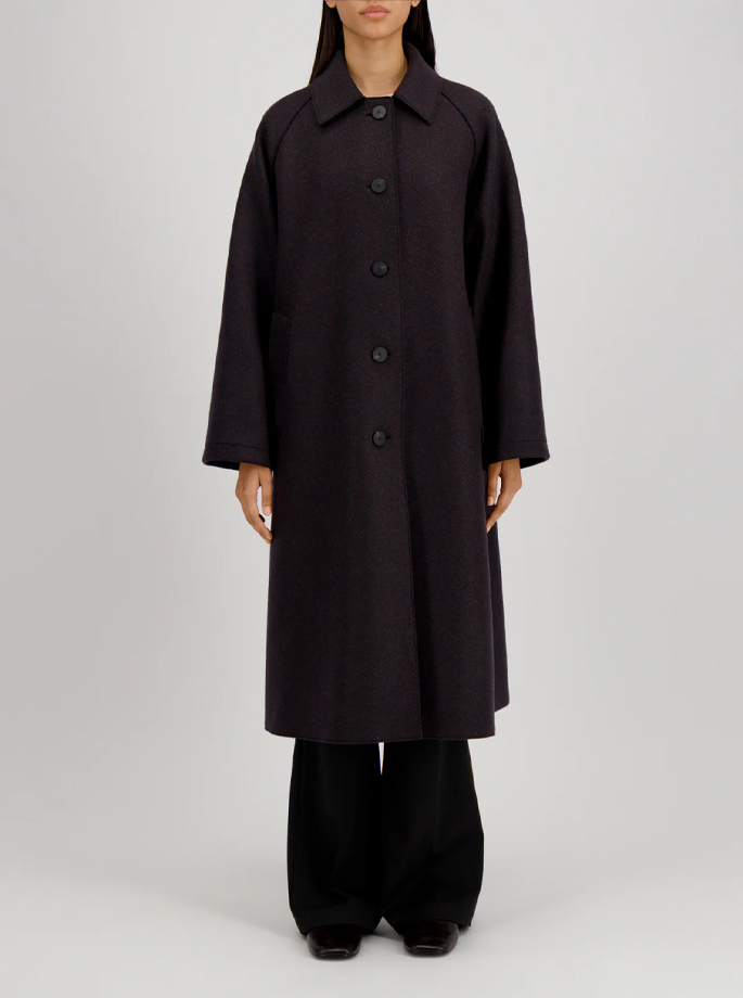 Harris Wharf - Balmacaan Patterned Cashmere Coat Brown Blue Herringbone