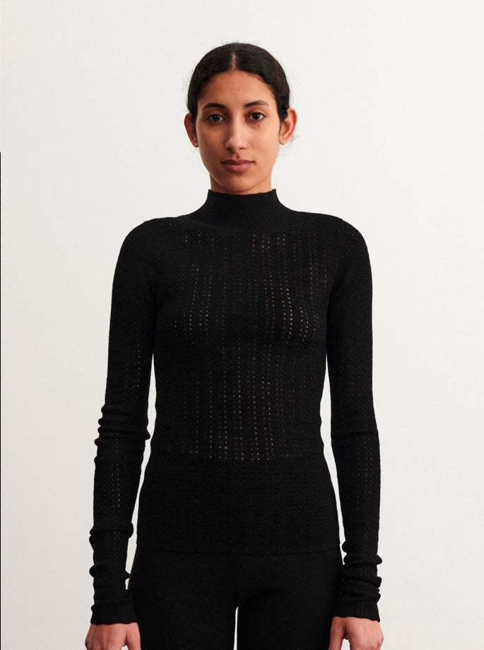 Fub - High Neck Pointelle Blouse Black 