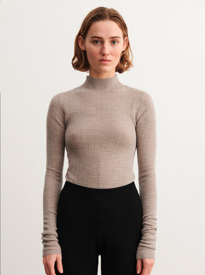 Fub - High Neck Pointelle Blouse Oat Melange 