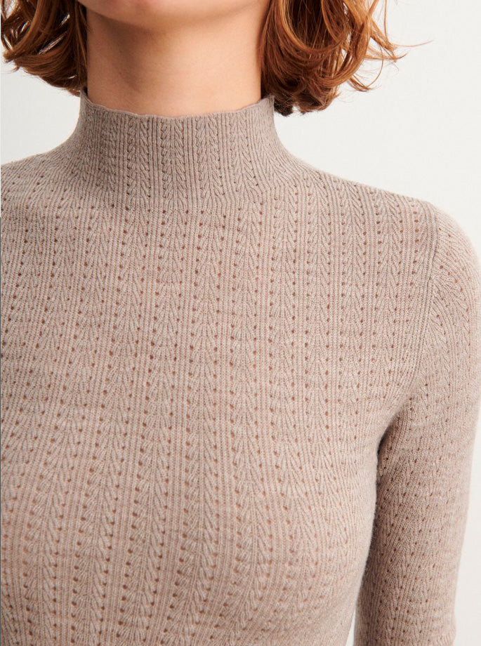 Fub - High Neck Pointelle Blouse Oat Melange 